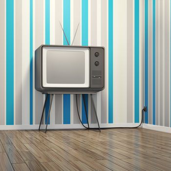 an old vintage tube television in seventies style room 3D illustration