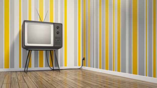 an old vintage tube television in seventies style room 3D illustration