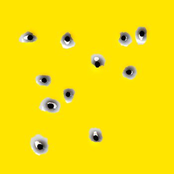 An illustration of some bullet hole in a yellow metal plate