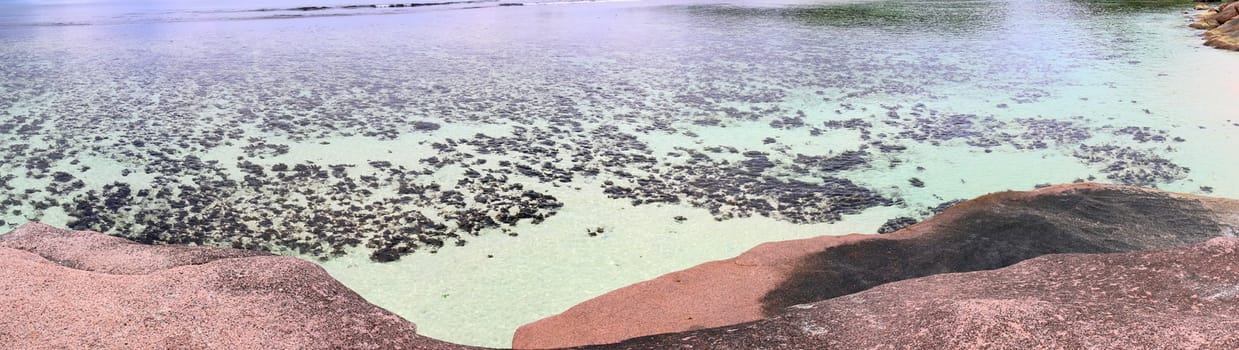 Stunning high resolution beach panorama taken on the paradise islands Seychelles.