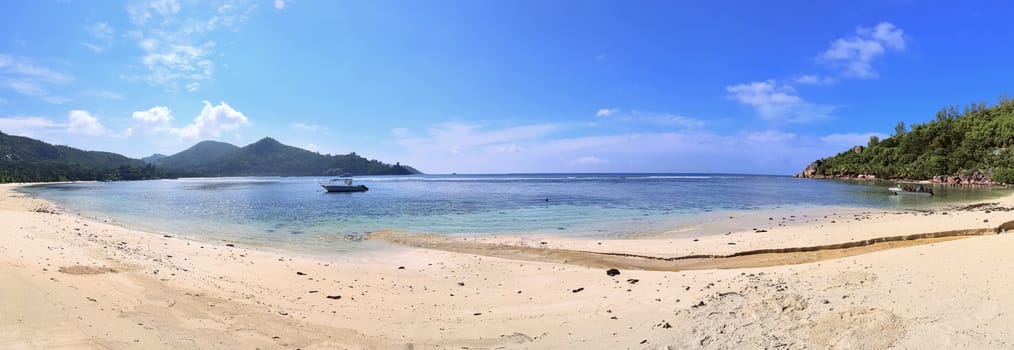 Stunning high resolution beach panorama taken on the paradise islands Seychelles.