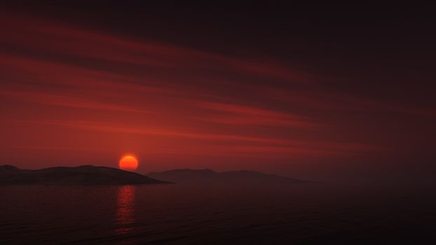 Dark red sunset over the sea with reflections and copy space 3D illustration