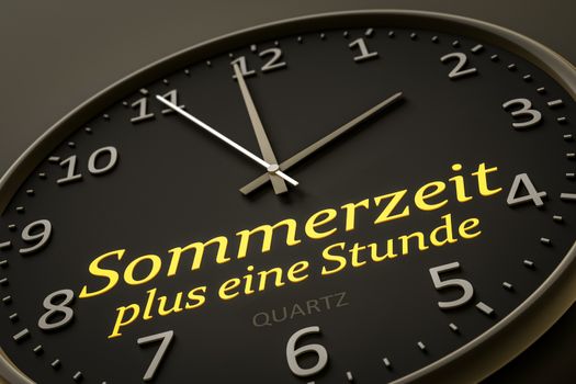 daylight saving summer time plus one hour in german language modern black clock style 3d illustration