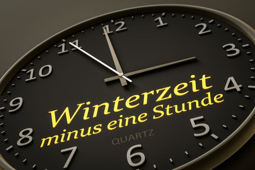 daylight saving winter time minus one hour in german language modern black clock style 3d illustration