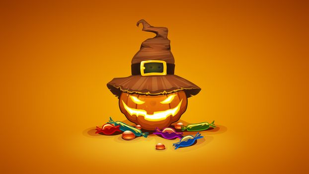 An illustration of a Halloween pumpkin evil laughing