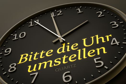 Please change your clocks in german language modern black clock style 3d illustration