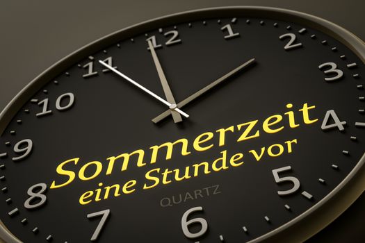 daylight saving summer time one hour forward in german language modern black clock style 3d illustration