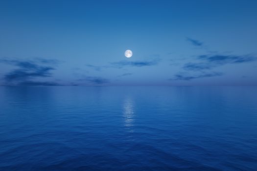 An ocean night with full moon sky 3D illustration