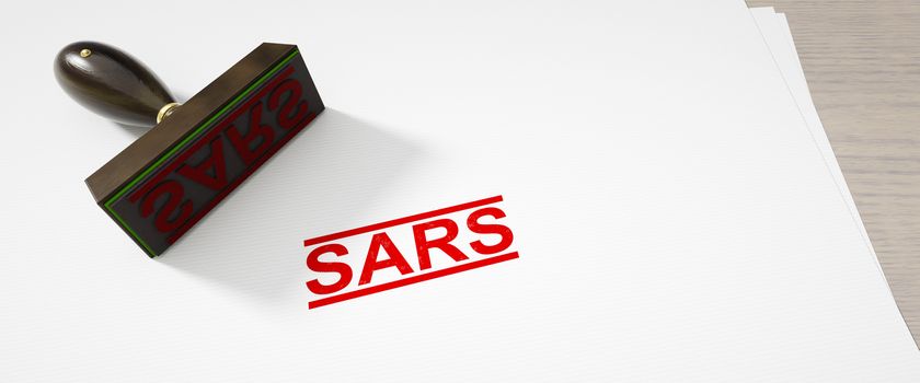 paper background with a stamp and the word SARS 3D illustration