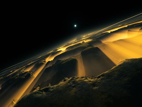 strange orange glowing planet with sun 3D illustration