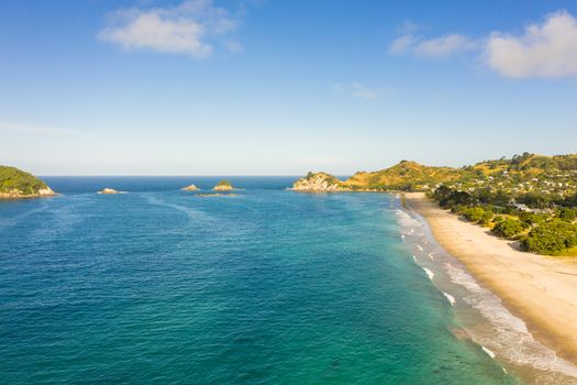 An aerial view of Hahei Beach New Zealand