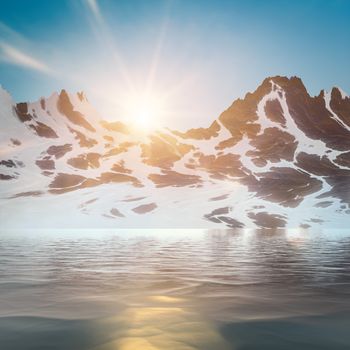 An illustration of a winter mountain lake sunset scenery
