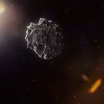 A meteorite in the deep space with sun flare 3d illustration