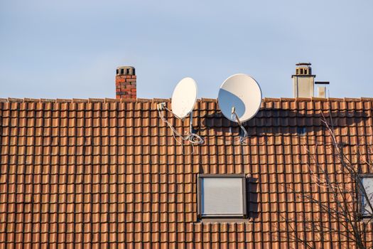 An image of a satellite dish at a roof with space for your text