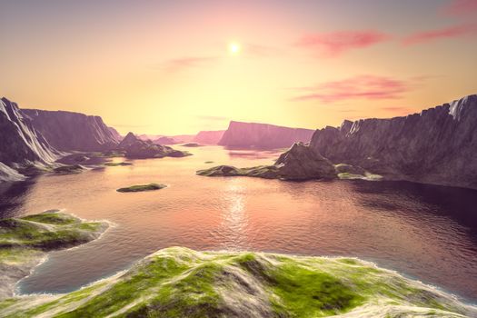 beautiful fantasy landscape sunset scenery 3D illustration