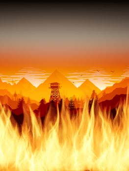 An illustration of forest fires with watchtower