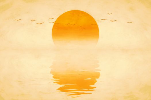 a beautiful golden sunset with birds digital painting
