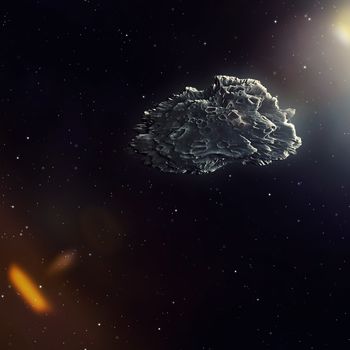 A meteorite in the deep space with sun flare 3d illustration