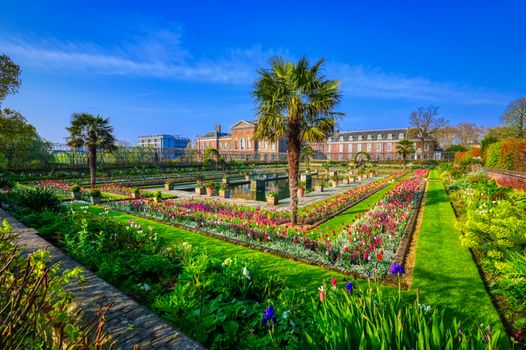 London, United Kingdom - April 17, 2019 : Kensington Palace gardens on a spring morning located in Central London, UK.