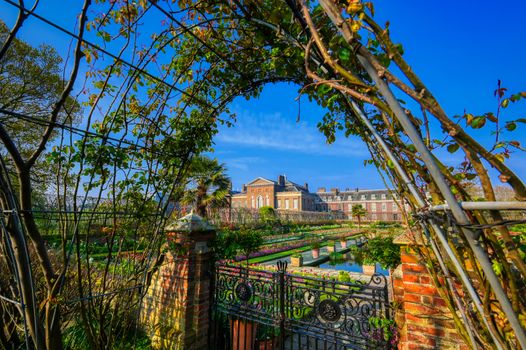 London, United Kingdom - April 17, 2019 : Kensington Palace gardens on a spring morning located in Central London, UK. 