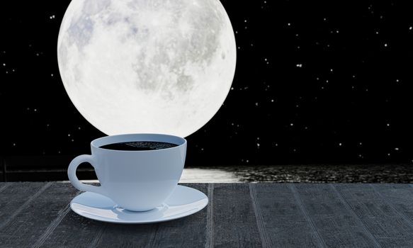 Black coffee in a white coffee mug with saucer Put on the table, wooden floor With full moon and sea as background. 3D Rendering