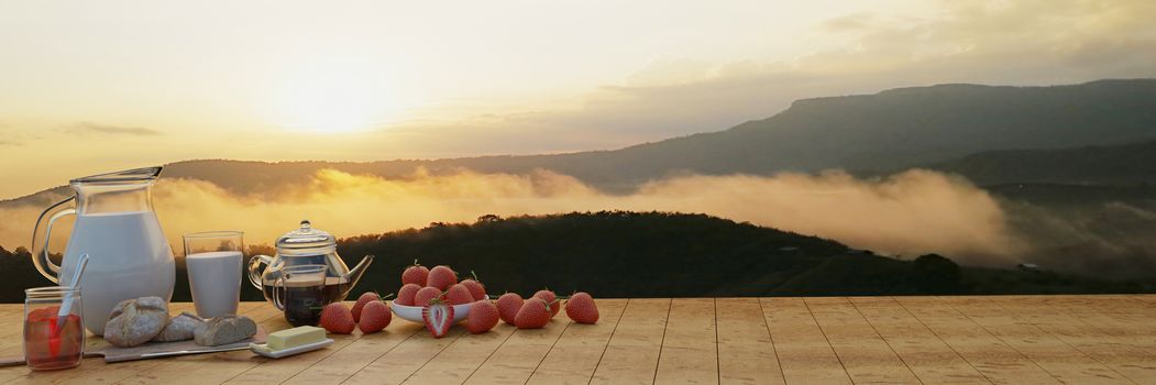 Panorama Breakfast fresh milk  Coffee in a glass and a coffee pot. Butter bread on a wooden chopping board. Many fresh strawberries. Mountain in the morning with mist and The sun shines. 3D rendering