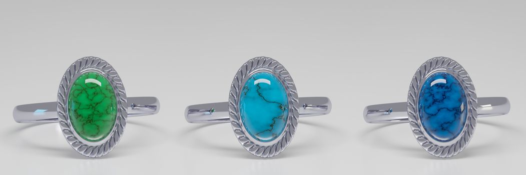 Silver Ring and Turquoise 3 colors on a white background. Platinum white Turquoise 3 colors. 3D Rendering