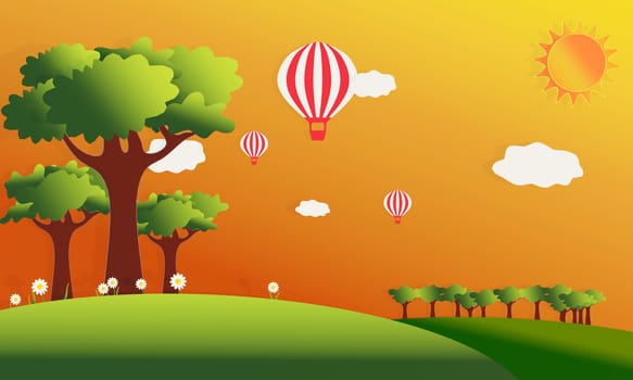 vector of summer hill and fields with  trees and  balloon in the sky