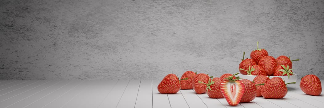 Panorama Many fresh strawberries in a white ceramic cup and on a white wooden floor. Strawberries cut in half on a white wooden table. White plaster. 3D Rendering.