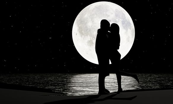 Silhouette Lovers Kissing Romanticly There is a full moon and a star full of the sky as the background. The moon's reflection is reflected in the river. Romance and marriage proposals. 3D Rendering