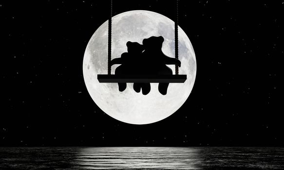 Silhouette Lovers Teddy Bears Hugging And Sitting On Swings Full moon night Many stars in the sky There is a reflection in the sea. The romantic atmosphere of lovers Valentine Theme. 3D Rendering