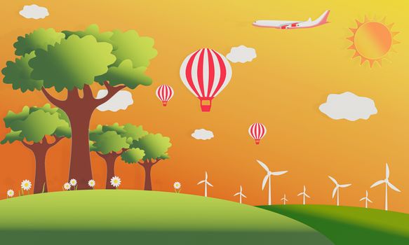 vector of summer hill and fields with  trees and  Wind turbine. Passenger plane  and balloon in the sky.