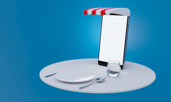 Conceptual images of online food ordering. Smartphone, white screen, blank. Set of empty plates, spoons, and forks with a glass of water and water. Gradient blue background. 3D rendering.