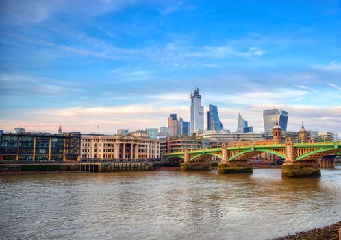 A view of the London skyline across the River Thames in London, UK.