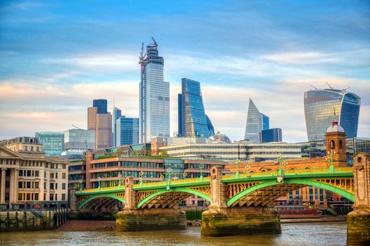 A view of the London skyline across the River Thames in London, UK.