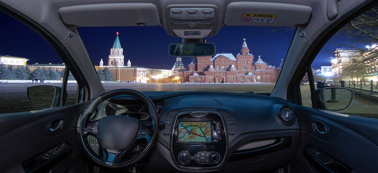 Looking through a car windshield with view of Red Square at night, Moscow, Russia