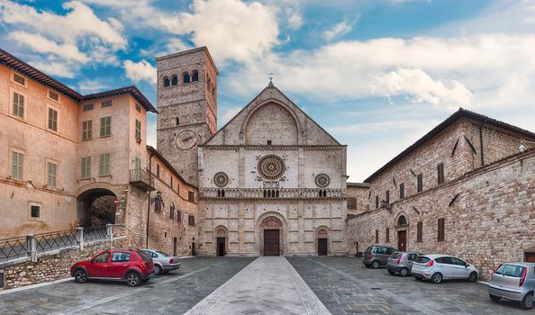 Panoramic view with facade of the medieval Cathedral of Assisi, Italy. The church is dedicated to San Rufino