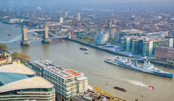 A view of Tower Bridge and the River Thames in London, UK.