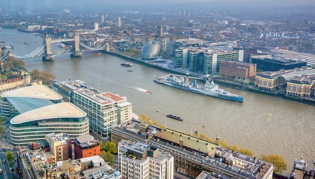 A view of Tower Bridge and the River Thames in London, UK.