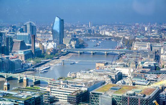 An aerial view of London, United Kingdom on a sunny day.