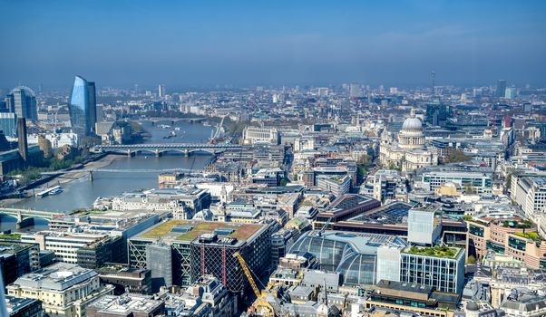 An aerial view of London, United Kingdom on a sunny day.