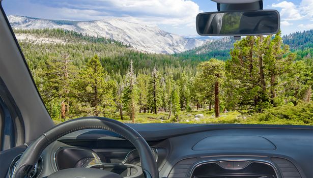 Looking through a car windshield with view of Yosemite National Park, California, USA