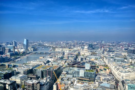 An aerial view of London, United Kingdom on a sunny day.