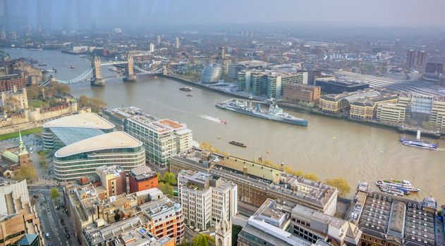 A view of Tower Bridge and the River Thames in London, UK.