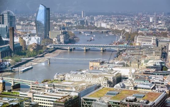 An aerial view of London, United Kingdom on a sunny day.