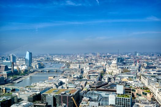 An aerial view of London, United Kingdom on a sunny day.