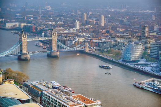 A view of Tower Bridge and the River Thames in London, UK.