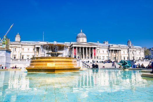 London, United Kingdom - June 17, 2019 : The Trafalgar Square and National Gallery Museum on a sunny day in London, England.