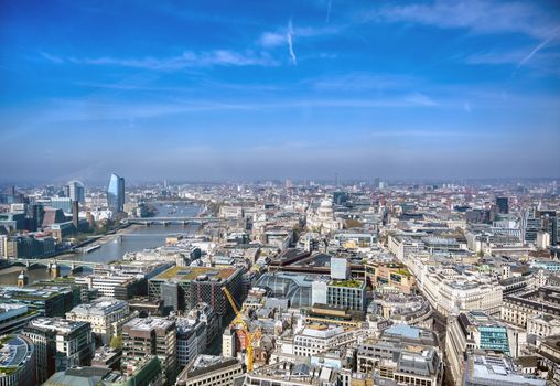 An aerial view of London, United Kingdom on a sunny day.