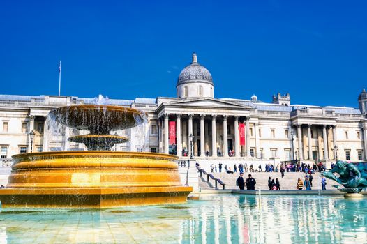 London, United Kingdom - June 17, 2019 : The Trafalgar Square and National Gallery Museum on a sunny day in London, England.